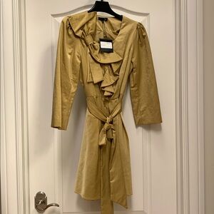Ryu Belted Trench Coat 🧥 Gold Metallic Mustard Yellow Bow Ruffle Collar NWT $199